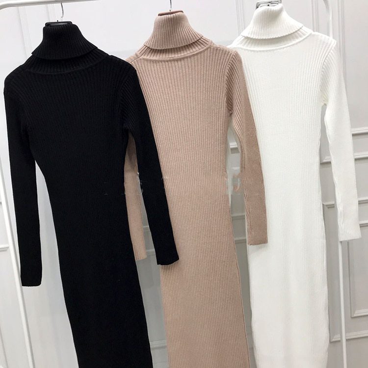 Soft Elastic Turtleneck Knitted Bodycon Sweater Midi Dress With Belt in Dresses