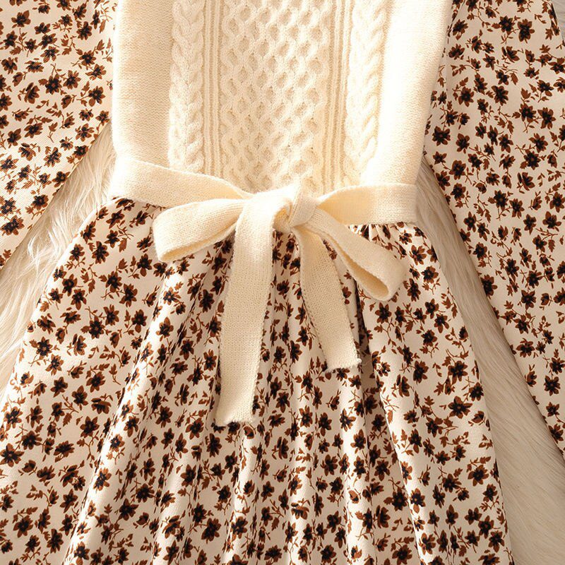 O-Neck Floral Print Long Sleeve Bow Knitted Midi Dress - Dresses - Uniqistic.com