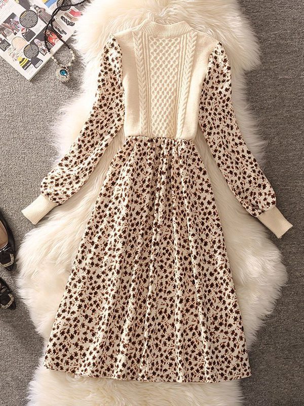 O-Neck Floral Print Long Sleeve Bow Knitted Midi Dress in Dresses