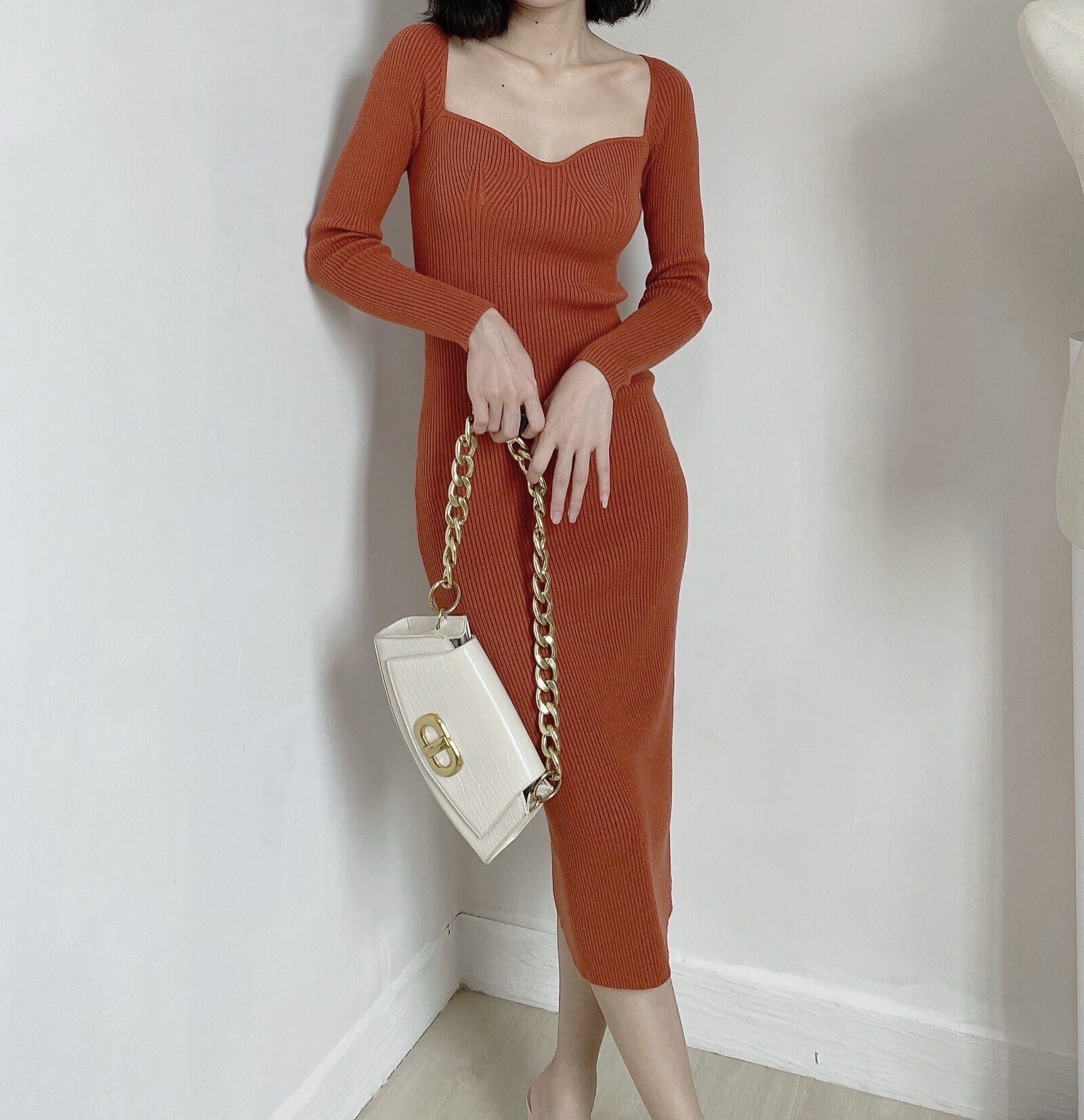 Square Neck Ribbed Thicken Warm Long Sleeve High Stretch Bodycon Knitted Dress in Dresses