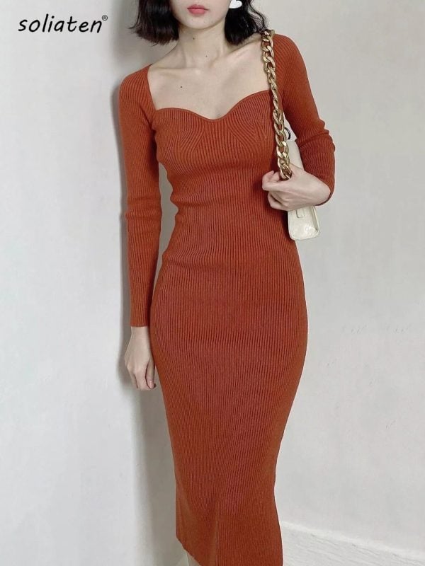 Square Neck Ribbed Thicken Warm Long Sleeve High Stretch Bodycon Knitted Dress - Dresses - Uniqistic.com