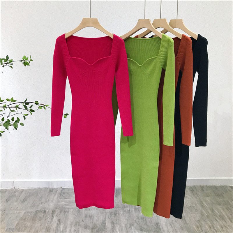 Square Neck Ribbed Thicken Warm Long Sleeve High Stretch Bodycon Knitted Dress in Dresses