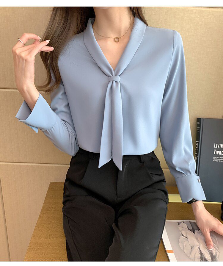 Bow V-Neck Long Sleeve Chiffon Office Blouse Shirt - Blouses & Shirts - Uniqistic.com