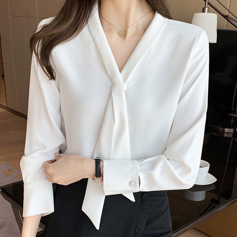 Bow V-Neck Long Sleeve Chiffon Office Blouse Shirt | Uniqistic.com