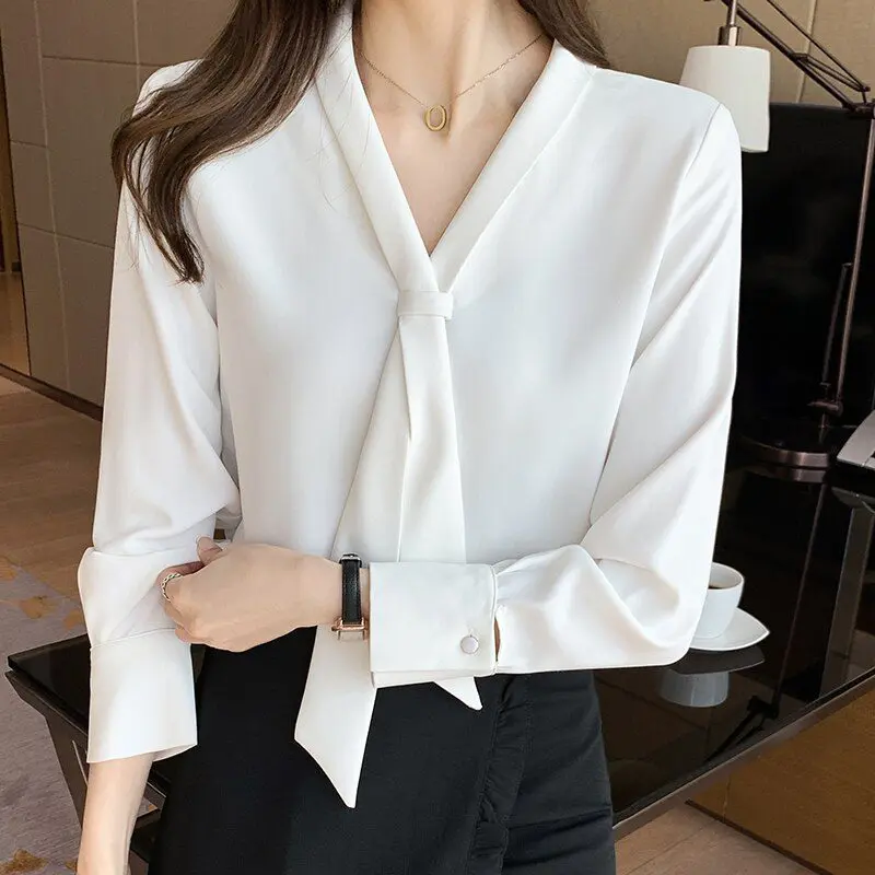 Long Sleeve Chiffon Blouse Shirt Blouse Women Blusas Mujer De Moda 2022 Bow V-Neck Office Lady Blouse Tops Women Blouses E203