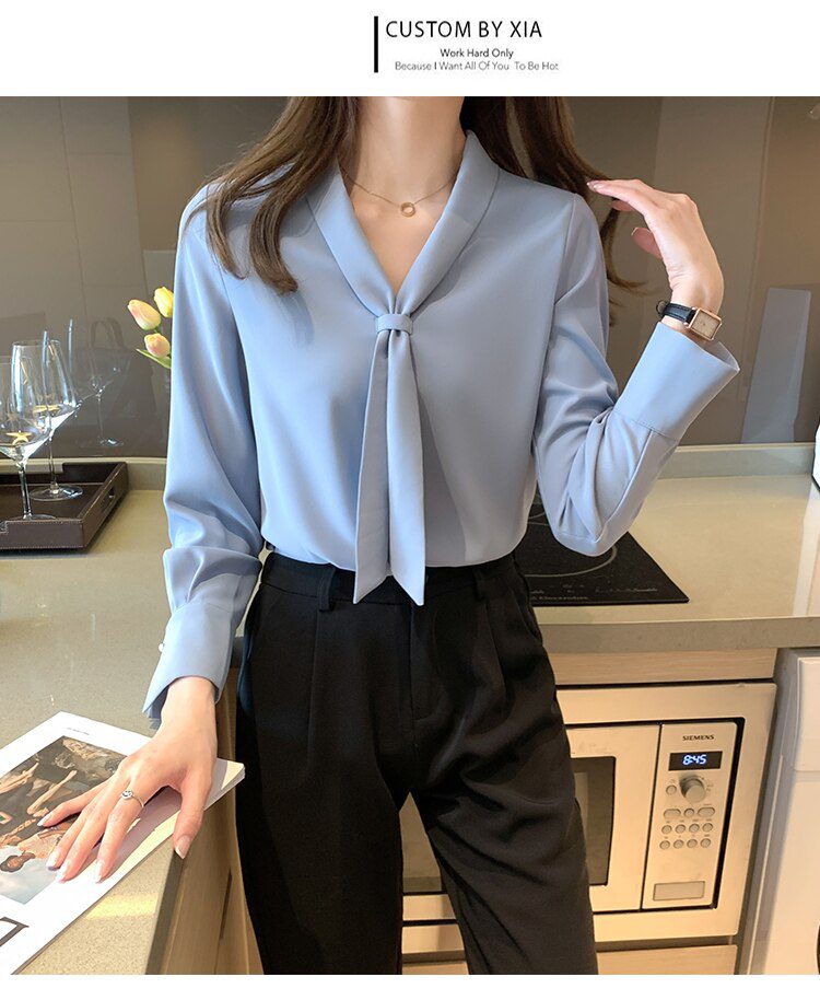 Long Sleeve Chiffon Blouse Shirt Blouse Women Blusas Mujer De Moda 2022 Bow V-Neck Office Lady Blouse Tops Women Blouses E203