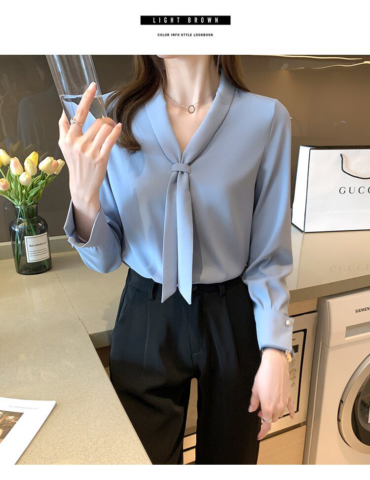 Bow V-Neck Long Sleeve Chiffon Office Blouse Shirt - Blouses & Shirts - Uniqistic.com
