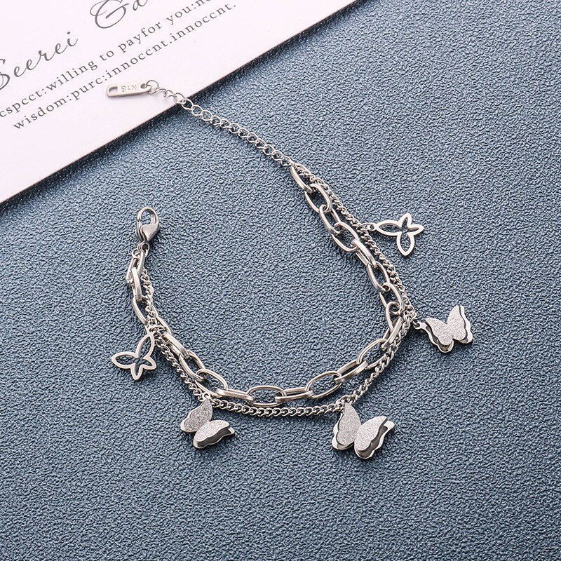 2 Layer Frosted Butterfalys Charm Chain Thick Bracelet in Necklaces