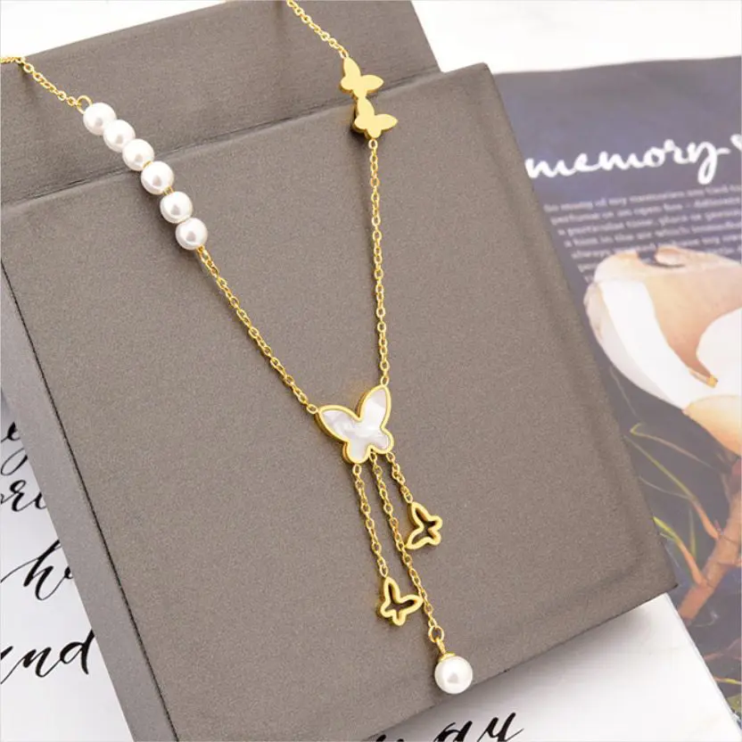 Pearl Butterfly Shell 3 Tassel Charms Chain Choker Necklace in Necklaces