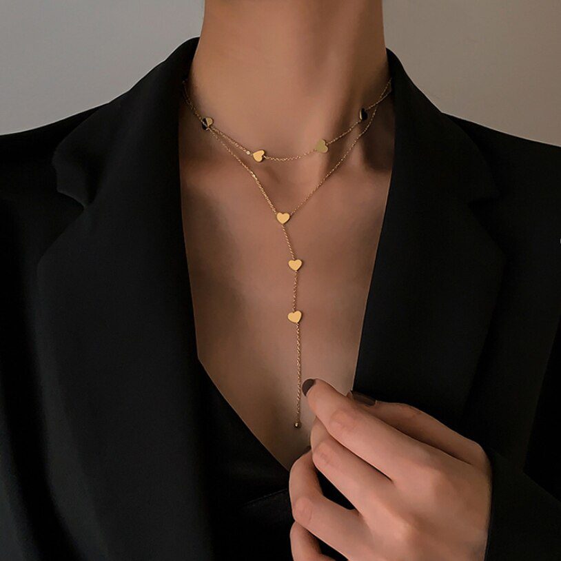 2 Layer Love Heart Tassel Charms Chain Choker Necklace - Necklaces - Uniqistic.com