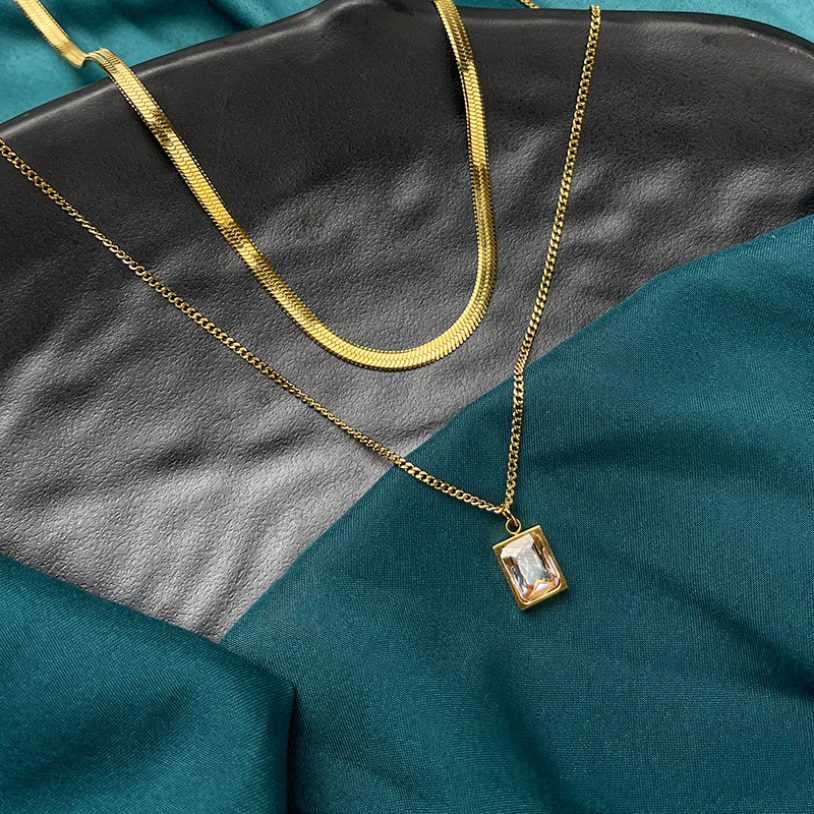 2 Layer Geometry Embedded Zircon Charms Chain Choker Necklace in Necklaces