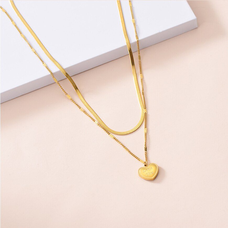 Heart Carving Love You 2 Layer Choker Charm Snake Chain Necklace in Necklaces