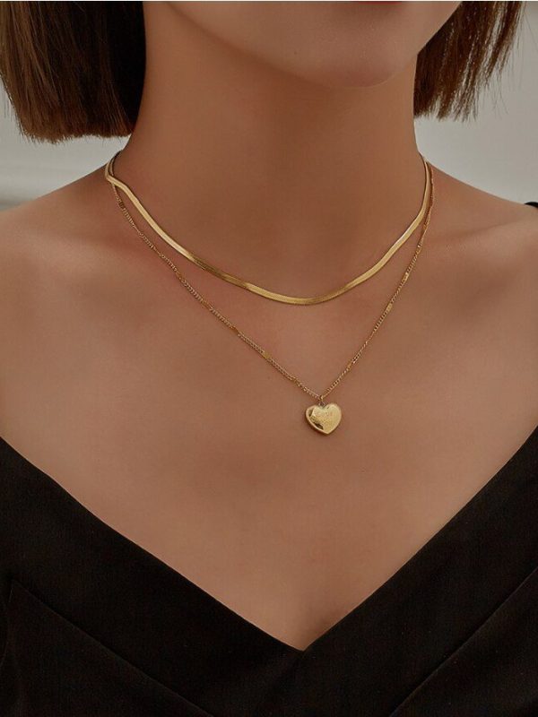 Heart Carving Love You 2 Layer Choker Charm Snake Chain Necklace in Necklaces