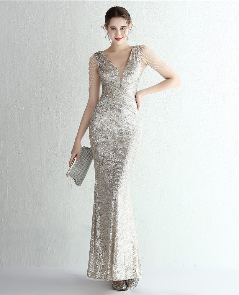 Elegant Beading Deep V Neck Sequins Mermaid Long Evening Prom Dress - Homecoming Court Dresses - Uniqistic.com