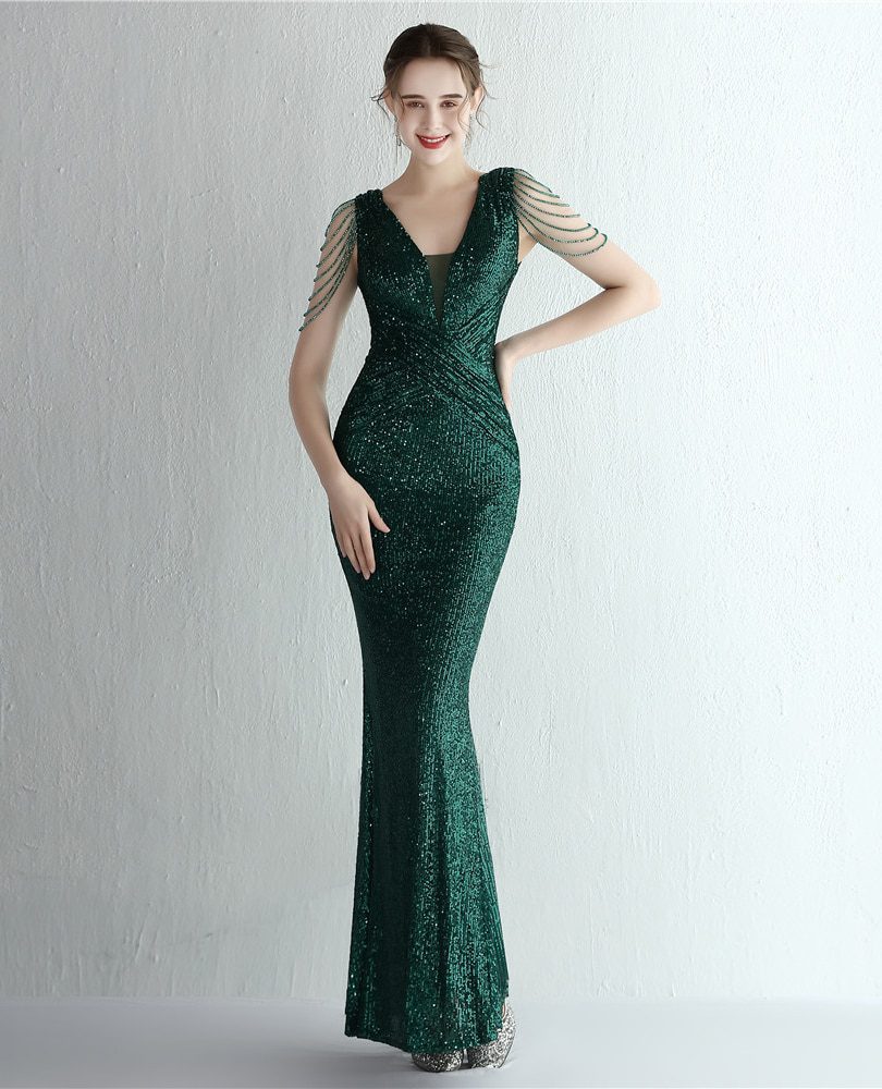 Elegant Beading Deep V Neck Sequins Mermaid Long Evening Prom Dress - Homecoming Court Dresses - Uniqistic.com