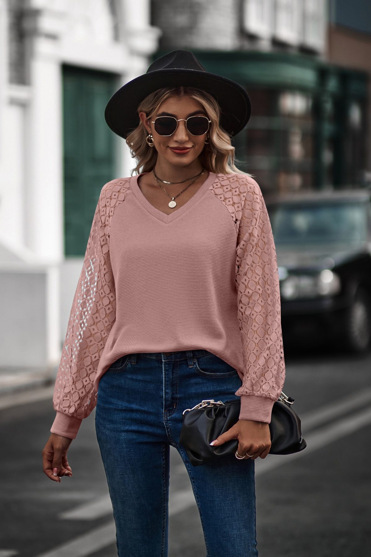 Waffle Lace Puff Sleeve V Neck Long Sleeve Top in Blouses & Shirts