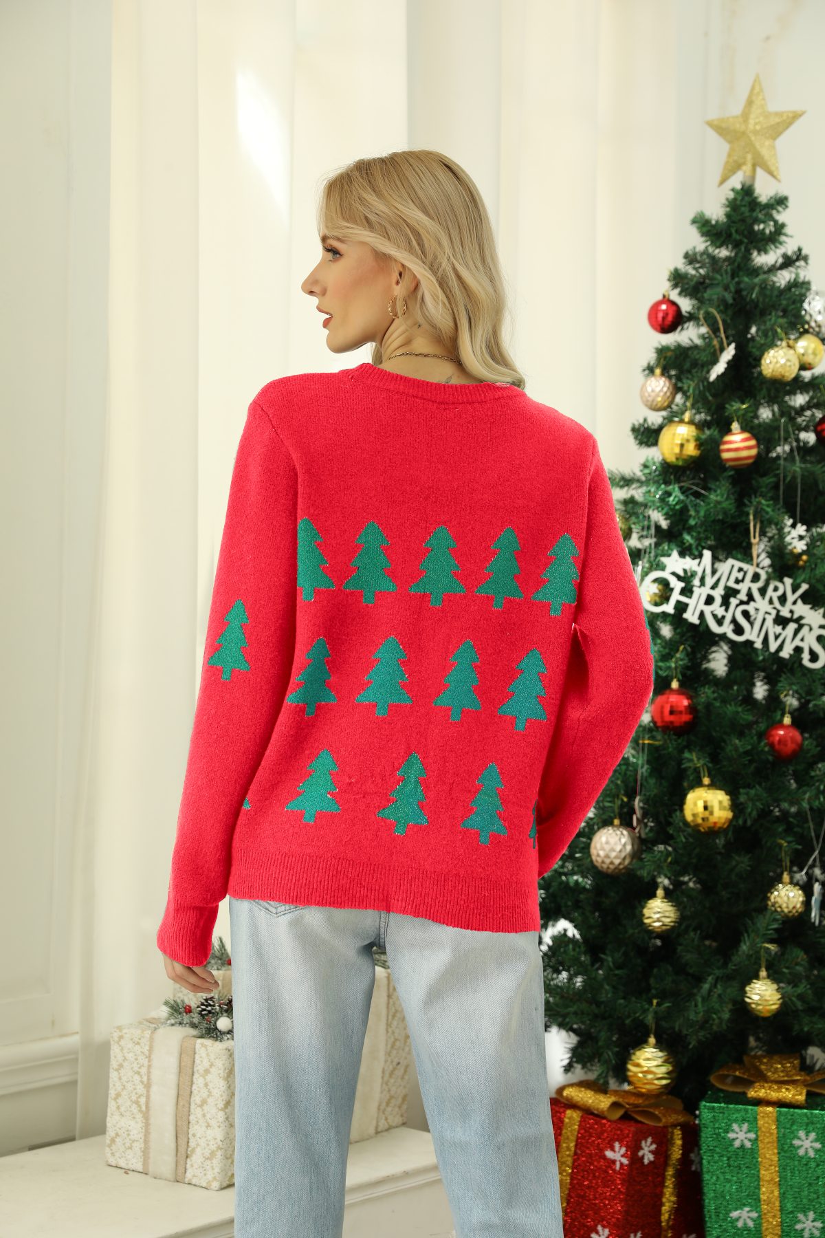 Jacquard Christmas Tree Knitted Long Sleeve Red Christmas Sweater - Sweaters - Uniqistic.com