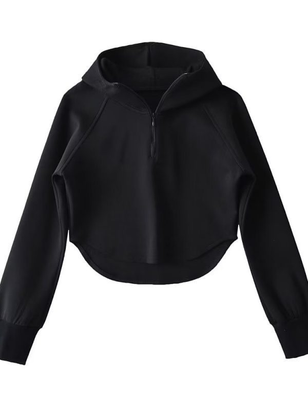 Hooded Half Zipper Curved Short Sweatshirt - Hoodies & Sweatshirts - Uniqistic.com