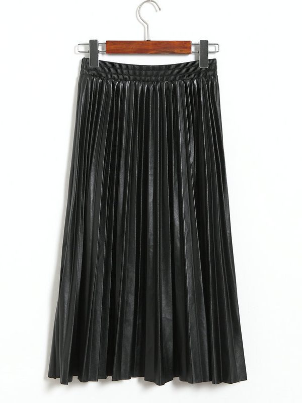 Leather High Waist Mid Length Pleated Umbrella Skirt in Skirts