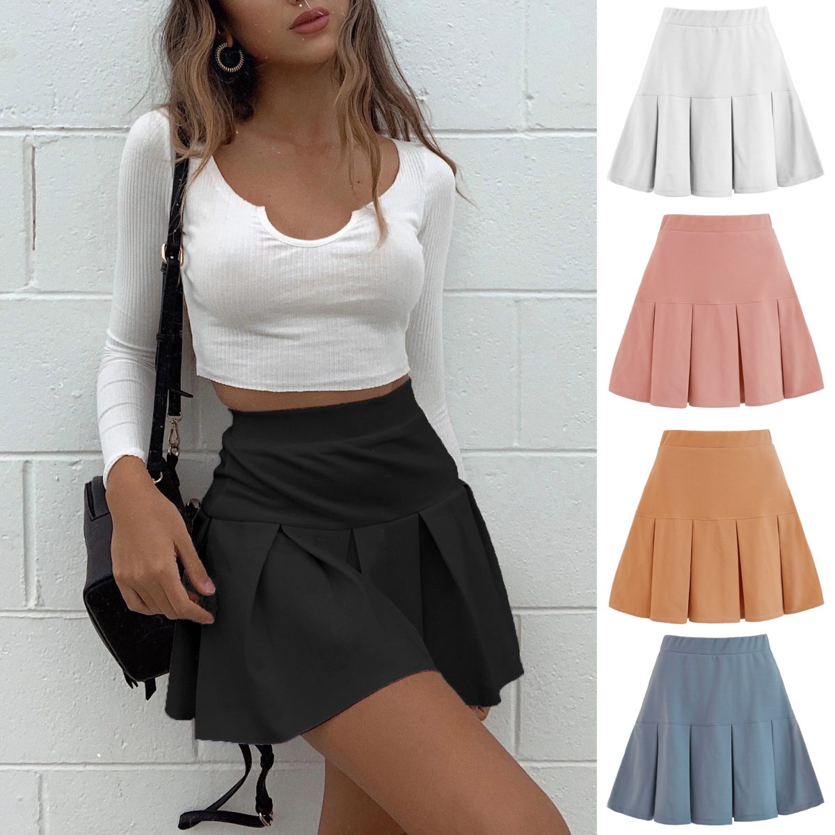 Elastic High Waist Pleated Skirt in Skirts