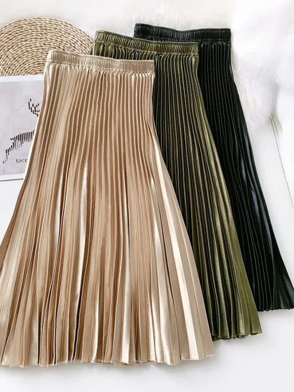 High Waist Satin Metallic Pleated Skirt - Skirts - Uniqistic.com