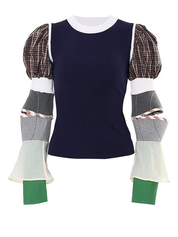 Detachable Puff Sleeve Color Contrast Patchwork Sweater - Sweaters - Uniqistic.com