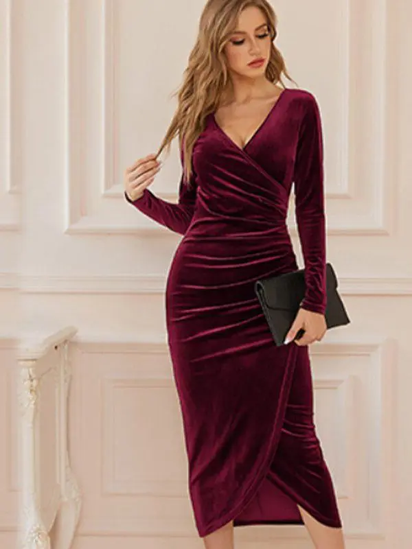 Velvet Long Sleeve V-Neck Ruched Midi Dress in Dresses