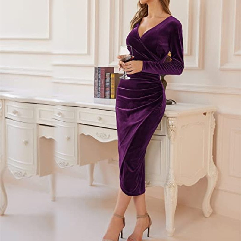 Velvet Long Sleeve V-Neck Ruched Midi Dress in Dresses
