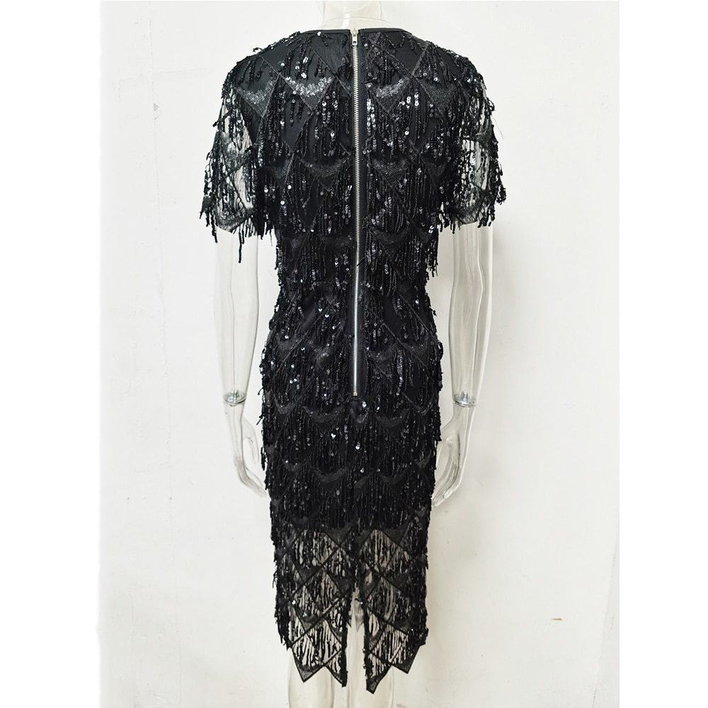Elegant Vintage Black Sequin Bodycon Dress in Dresses