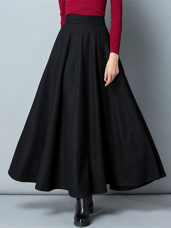 High Waist Elastic A-Line Wool Maxi Skirt in Skirts