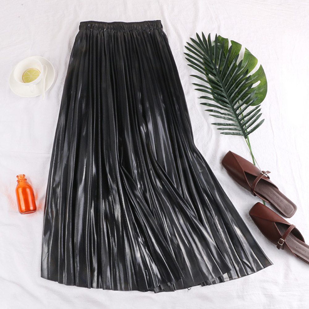 Elegant Women Midi Skirt VD1824 High Waist Black Silver Gold Solid Color Pleated Skirt