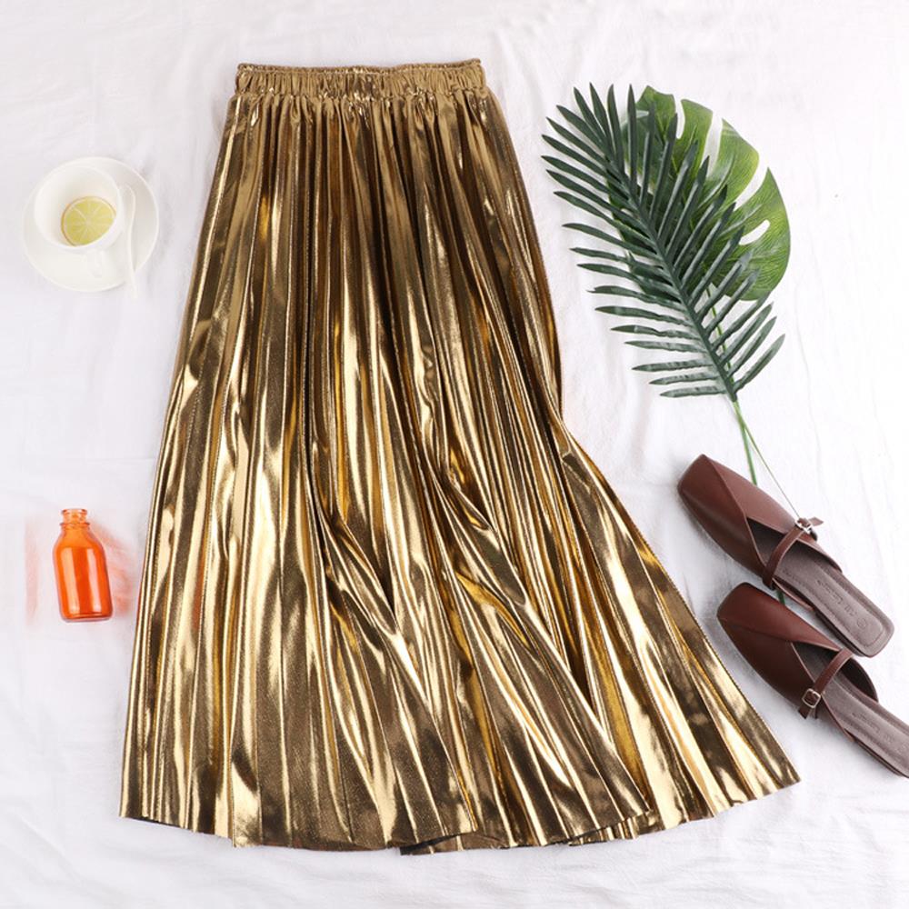 High Waist Black Silver Gold Pleated Midi Skirt in Skirts