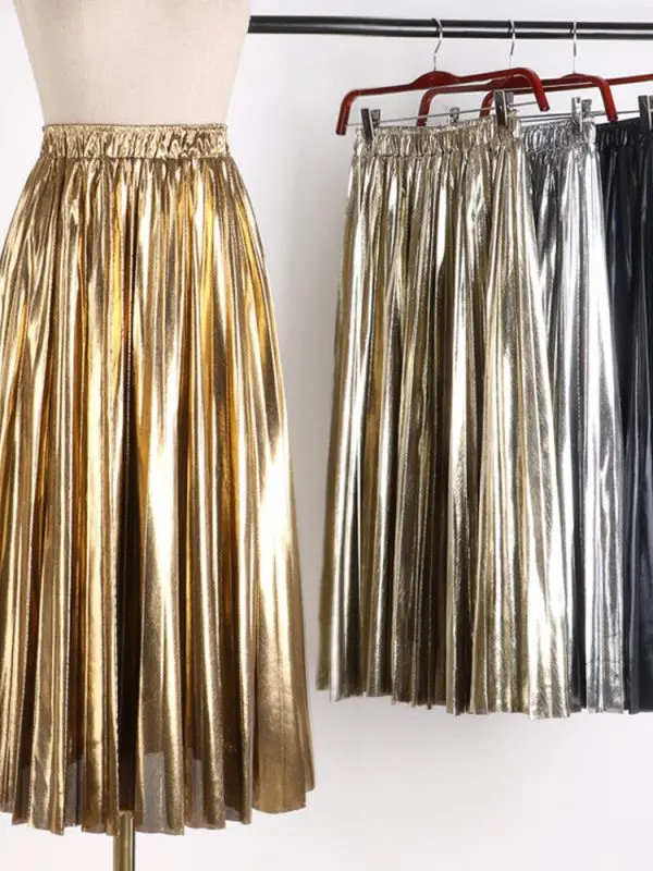 Elegant Women Midi Skirt Vd1824 High Waist Black Silver Gold Solid Color Pleated Skirt