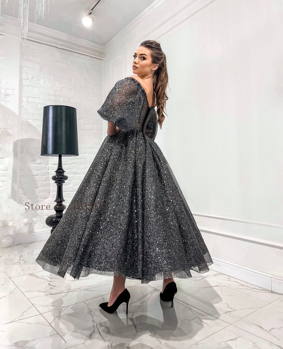 Black Gliter Tulle Off The Shoulder Tea Length Prom Dress in Homecoming Court Dresses