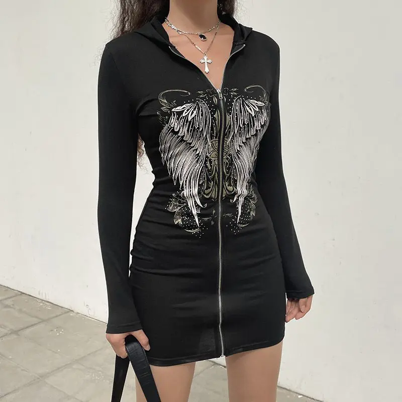 Gothic Grunge Printed Graphic Zipper Hooded Bodycon Dress - Dresses - Uniqistic.com