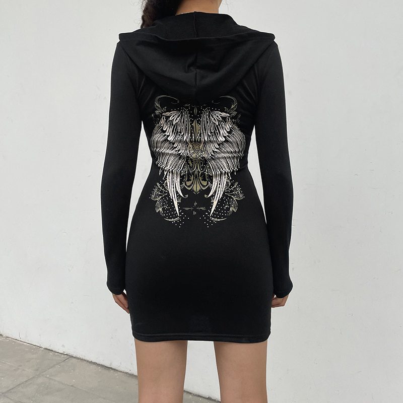 Gothic Grunge Printed Graphic Zipper Hooded Bodycon Dress in Dresses