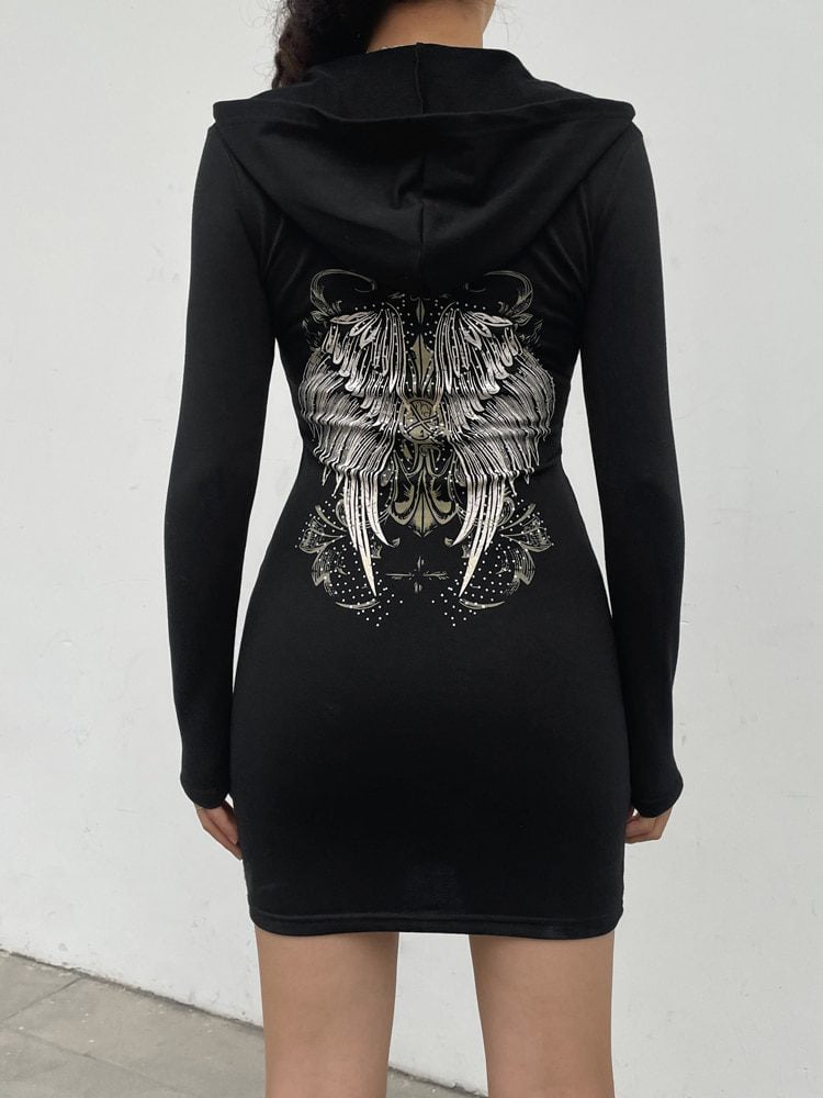 Gothic Grunge Printed Graphic Zipper Hooded Bodycon Dress - Dresses - Uniqistic.com