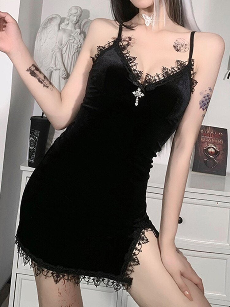Vintage Gothic Dark Spaghetti Strap High Waist Slit Cross Black Mini Dress - Dresses - Uniqistic.com