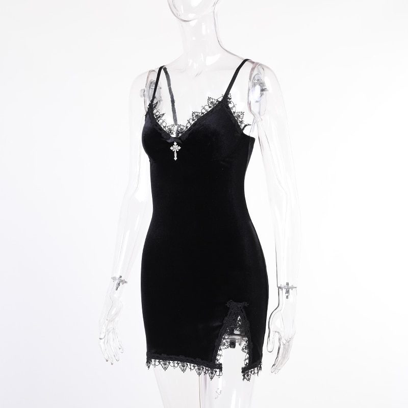 Vintage Gothic Dark Spaghetti Strap High Waist Slit Cross Black Mini Dress in Dresses