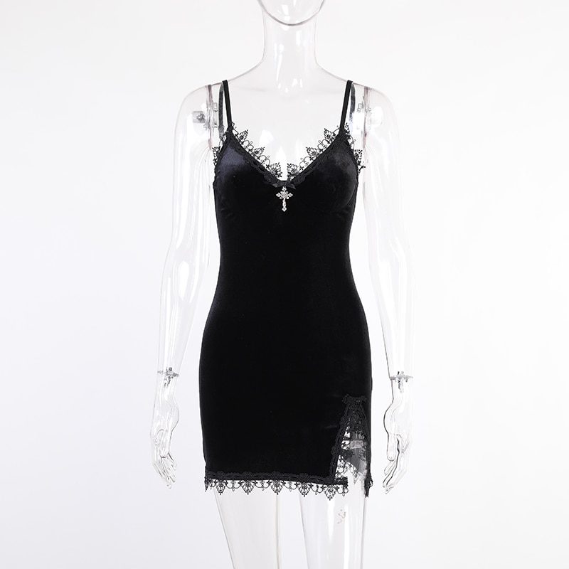 Vintage Gothic Dark Spaghetti Strap High Waist Slit Cross Black Mini Dress in Dresses