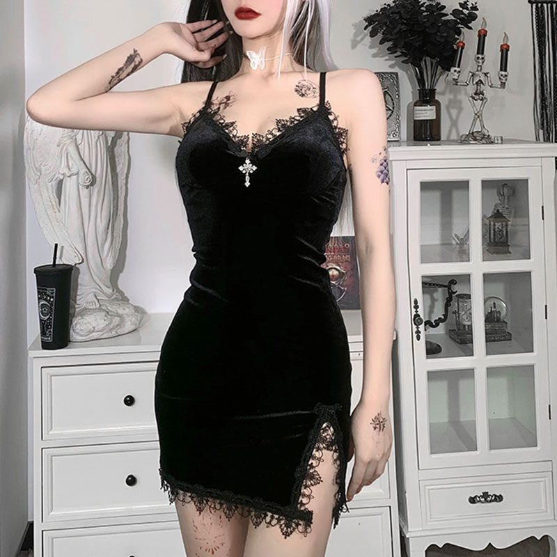 Vintage Gothic Dark Spaghetti Strap High Waist Slit Cross Black Mini Dress - Dresses - Uniqistic.com