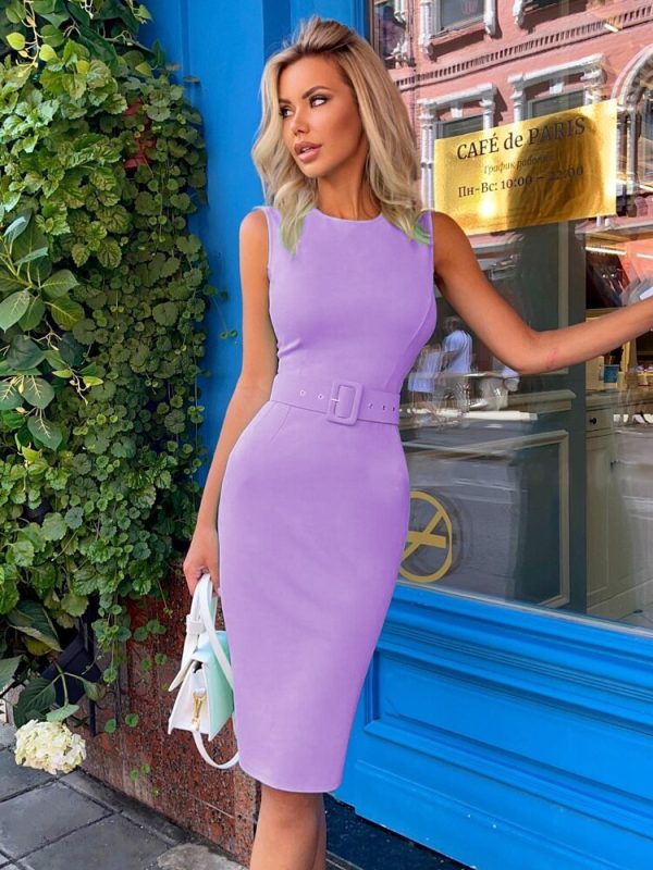 Lilac Purple Bodycon Belt Waist Bandage Dress in Dresses