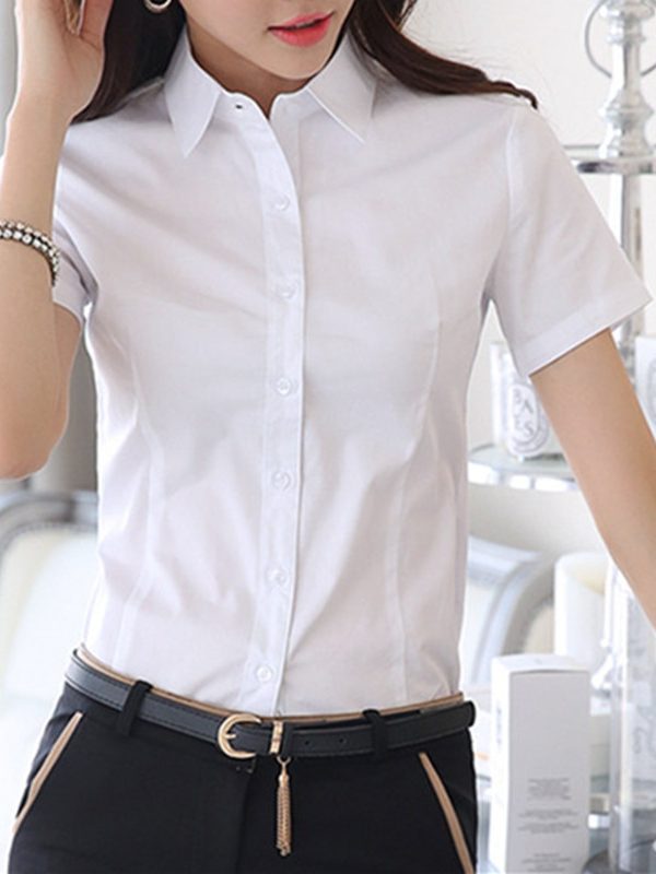 White V-Neck Short Sleeve Blouse Shirt in Blouses & Shirts