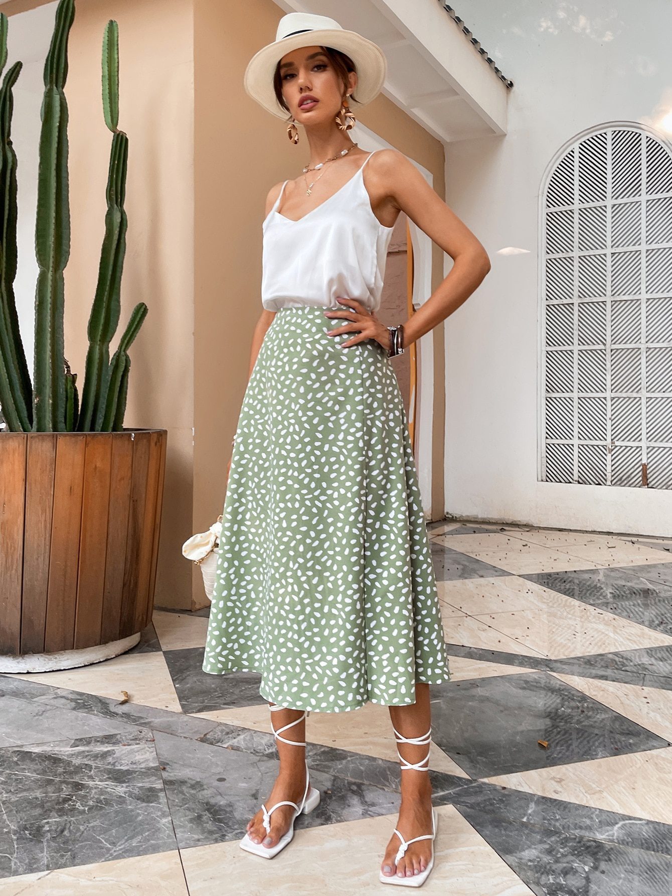 Green High Waist With Zipper Split Print Skirt in Skirts