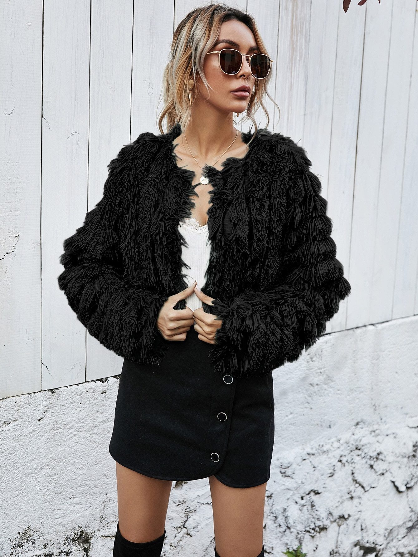 Fur Long Sleeve O-Neck Fluffy Coat Jacket in Coats & Jackets