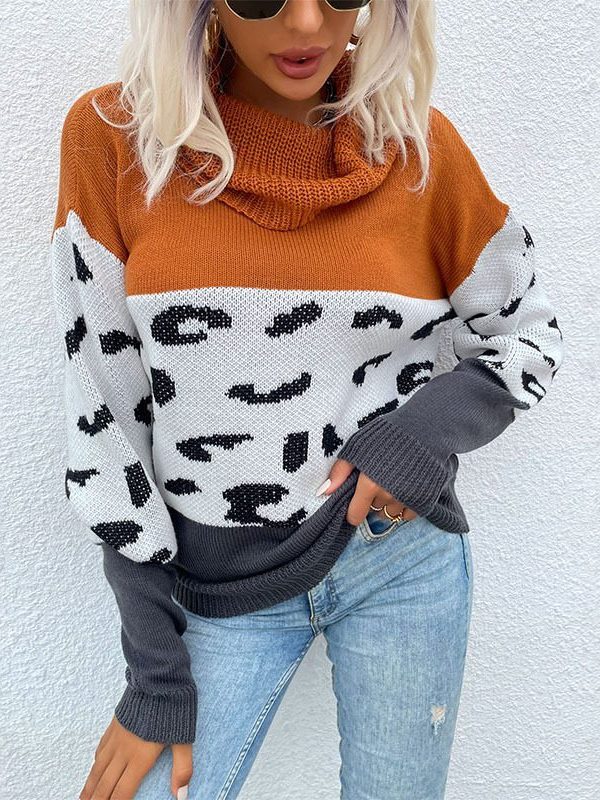 Leopard Print Contrast Color Long Sleeve Pullover - Sweaters - Uniqistic.com