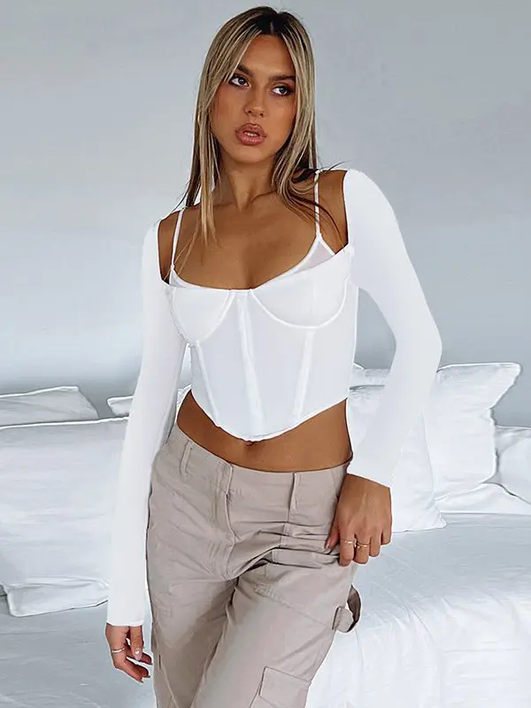 Two Piece Waist Long Sleeve Slim Strap Bottoming T shirt - T-shirts & Tops - Uniqistic.com