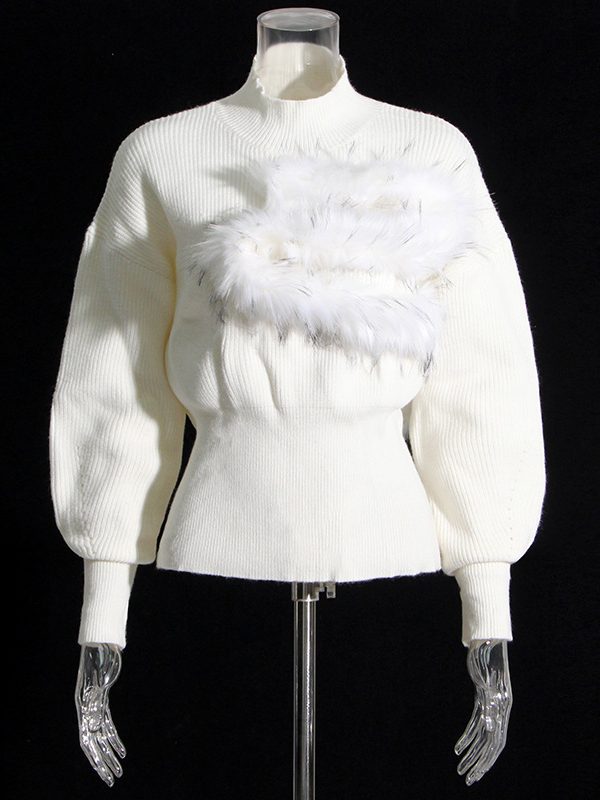 Stand Up Collar Puff Sleeve Plush Decoration Waist Tight Sweater - Sweaters - Uniqistic.com