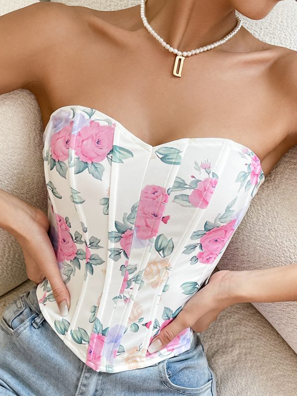 Low Cut Backless Floral Wrapped Chest Rhombus Boning Corset Top in T-shirts & Tops