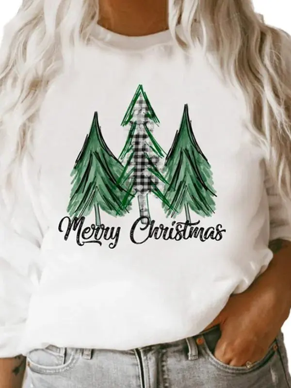 White Long Sleeve Loose Christmas Graphic Print Crew Neck Sweatshirt - Hoodies & Sweatshirts - Uniqistic.com